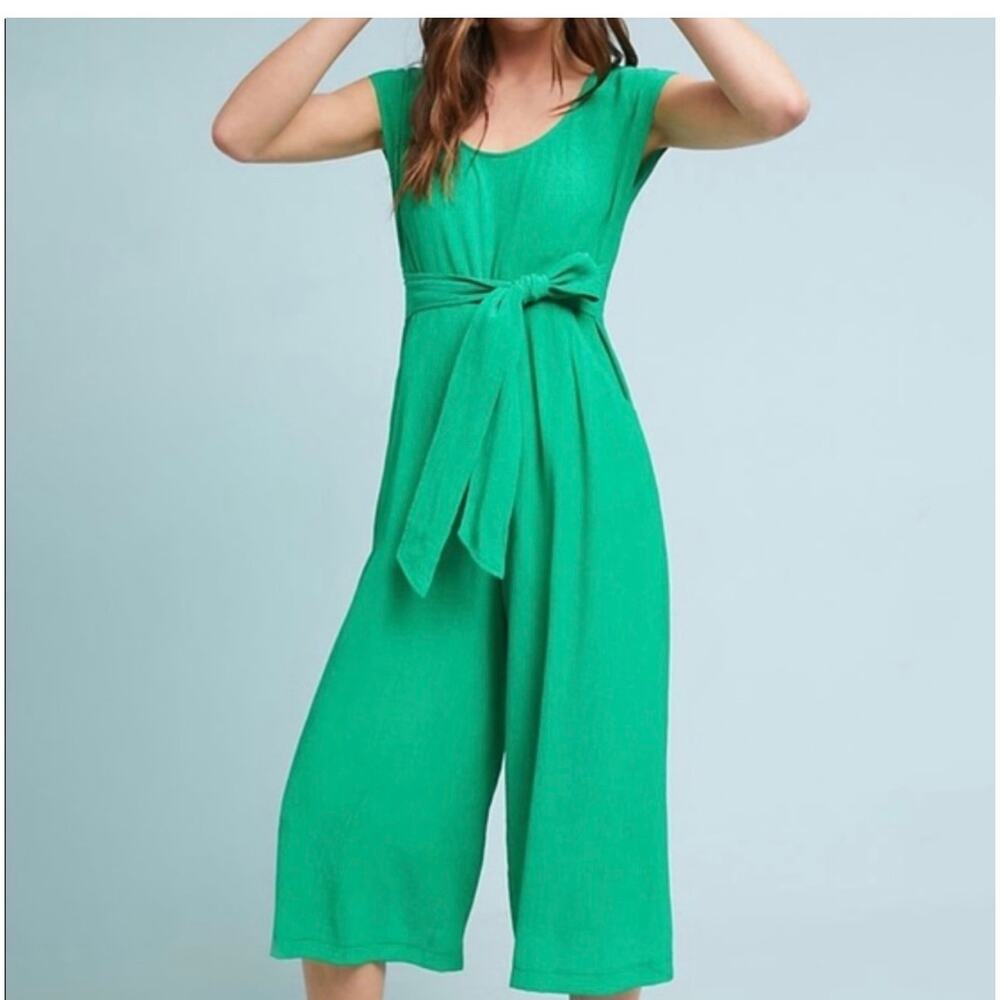 Anthropologie Green Gauze Wide Leg Jumpsuit Tie Waist Cropped Romper US 14